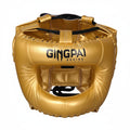 Gold boxing headgear with 'GINGPAI BOXING' branding on a white background
