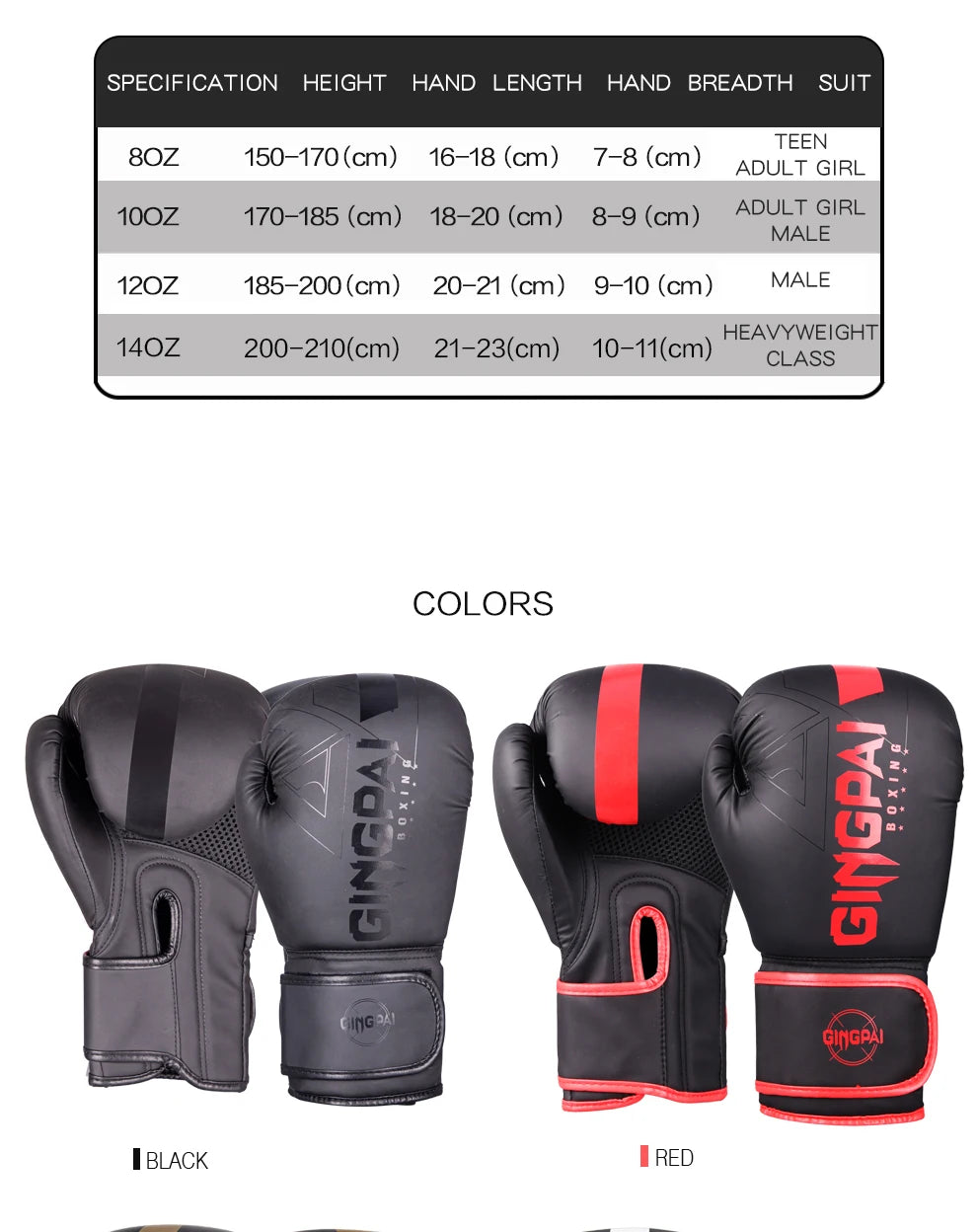 GINGPAI Boxing Gloves – PU Leather Training Gloves for Muay Thai, MMA & Kickboxing